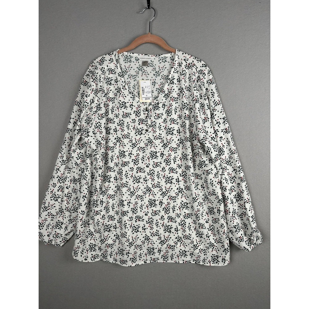 Christopher & Banks Women's Blouse XL White Christmas Leaves V Neck 3219